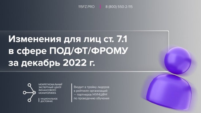 Изменения в нормативные акты сферы ПОД/ФТ/ФРОМУ для лиц ст. 7.1 в декабре 2022 г. 
