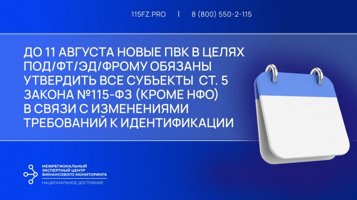 В срок до 11 августа 2025 г. лицам ст. 5 закона №115-ФЗ (кроме НФО) необходимо утвердить новую редакцию ПВК по ПОД/ФТ/ЭД/ФРОМУ в связи с изменениями требований к идентификации В срок до 11 августа 2025 г. лицам ст. 5 закона №115-ФЗ (кроме НФО) необходимо утвердить новую редакцию ПВК по ПОД/ФТ/ЭД/ФРОМУ в связи с изменениями требований к идентификации